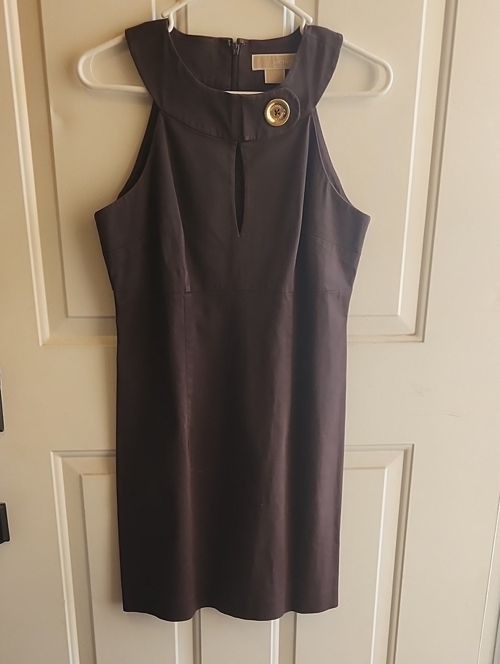 MICHAEL Michael Kors Brown Sleeveless Sheath Dress with Gold-Tone Button